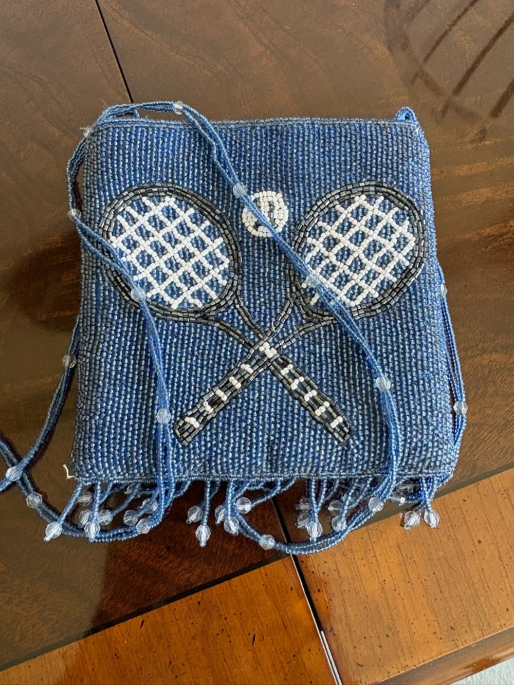 Beaded Navy Tennis Racket Crossbody Bag - Picture 3 of 4